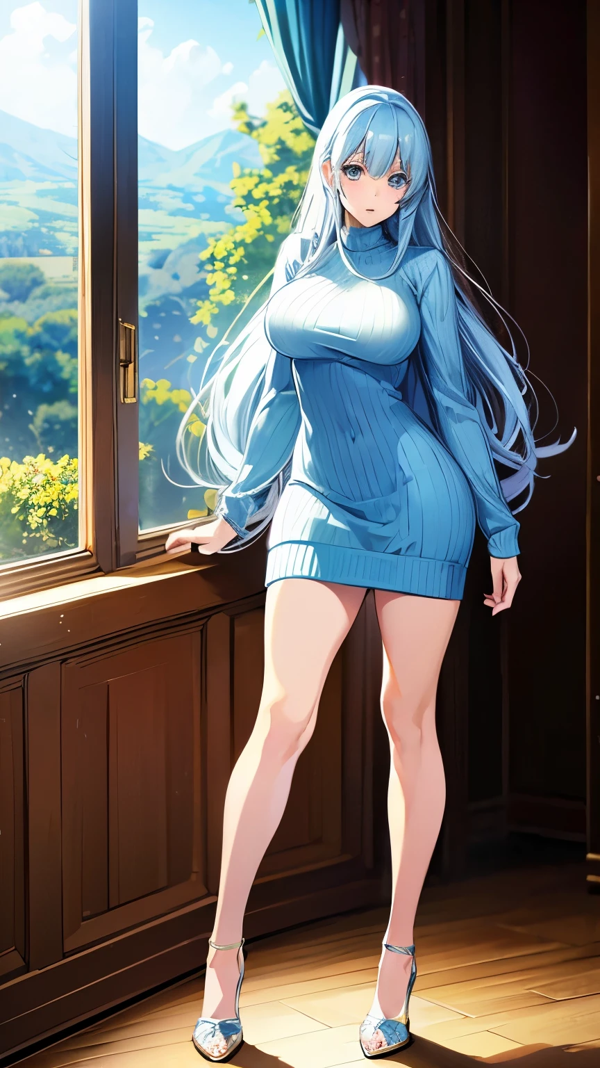 (manga:1.4),Highly detailed CG 8k highest quality, Volumetric lighting, Highly detailed face, , Long Hair, sweater, Huge big breasts, Slender body, Cute heels,standing, dress,Bright light blue clothes
