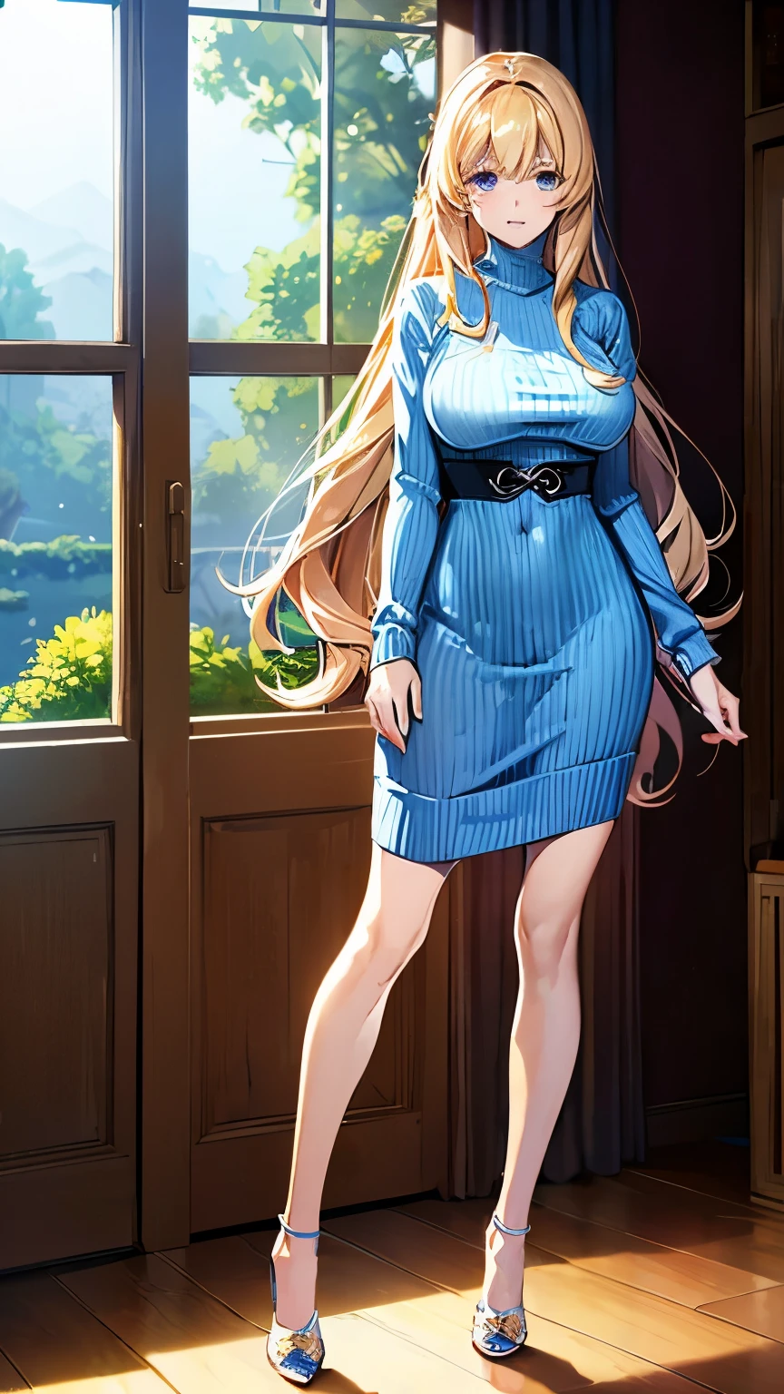 (manga:1.4),Highly detailed CG 8k highest quality, Volumetric lighting, Highly detailed face, , Long Hair, sweater, Huge big breasts, Slender body, Cute heels,standing, dress,Bright light blue clothes