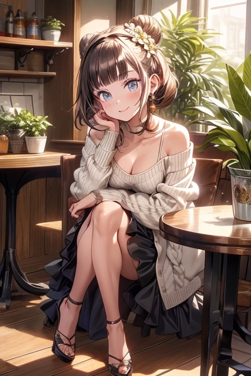 (((Masterpiece))),(((Super Detail))),(((in 8K))),(((best composition))),(((Rim lighting,Fireglow effect,deep shadow))),solo),Beautiful fingers,Detailed finger features,(Detailed hair features:1.7),(Dynamic and sexy bending pose:1.3),detailed facial features,detailed clothes features, (perky chest:1.1), (pointed chest:1.3), delicate beautiful face, Bright blue eyes, cute eyes, sparkling eyes, Big eyes, beautiful detailed eyes,double bun with glittering hair ornament:0.6,(super detailed glossy skin:1.3),slender body,goddess smile,((with sparkling eyes and a contagious smile)),beautiful posture,have a cup of coffee,black hair, red eyes, dress, bare shoulders, jewelry, collarbone, sidelocks, hairband, earrings, indoors, off shoulder, sweater, arms behind back, plant, short hair with long locks, white hairband, off-shoulder dress, sweater dress, off-shoulder sweater, red sweater, big side hair, very long side hair,(super delicate floral pattern:1.2),seductive cleavage:1.3,beautiful glossy legs,shiny red high heels,lifting dishes with cakesd,french restaurant,hustle and bustle,rising steam,(((depth of fields)))