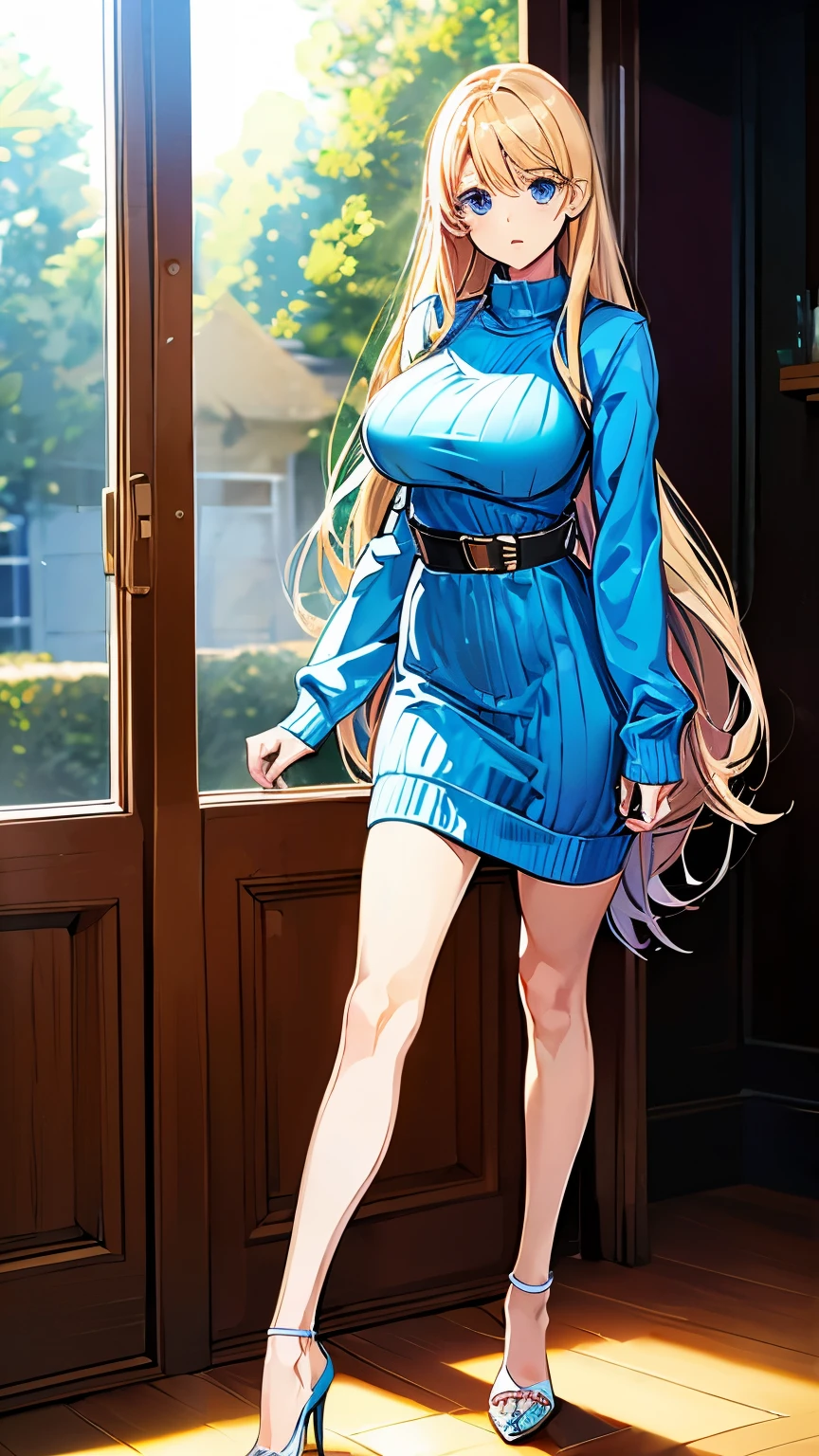 (manga:1.4),Highly detailed CG 8k highest quality, Volumetric lighting, Highly detailed face, , Long Hair, sweater, Huge big breasts, Slender body, Cute heels,standing, dress,Bright light blue clothes