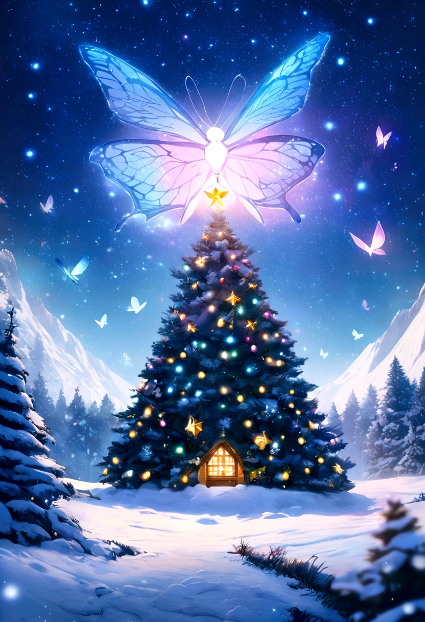 there are many butterflies flying around a Christmas tree in the snow, Fantastic winter landscape, Glowing Butterfly, beautiful iPhone Wallpaper, Christmas tree, Holiday season, Butterfly and sunshine, Beautiful Wallpapers, Magic Tree, Mobile phone wallpaper, Magic Tree, Awesome Wallpapers, Snowy winter Christmas night, iPhone Wallpaper, Light snow, background image, Magical Scene, Moth covered tree, Fantasy Tree, Beautiful high resolution