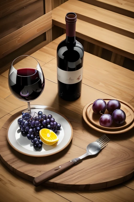 Wine Bottle、Grape Fuji、Grape、Grape glass，a glass of red wine, a dish of ripe fruit, a wooden table, top view, high quality, photorealistic, ultra-detailed, cinematic lighting, warm color tones, intricate textures, glowing candles, refined still life compositio more fruits，There is a retro fruit plate，