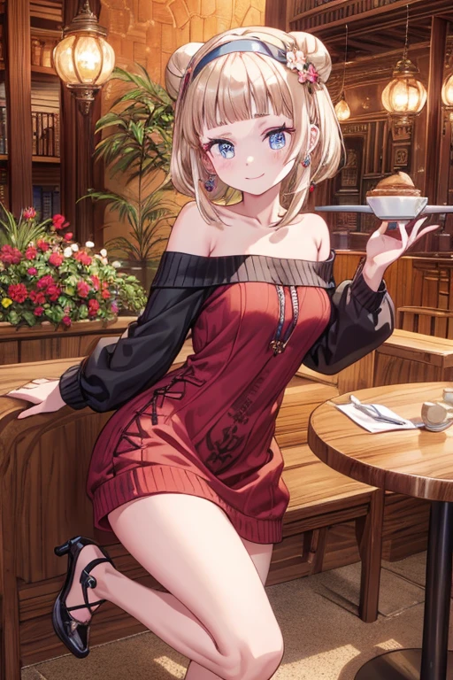 (((Masterpiece))),(((Super Detail))),(((in 8K))),(((best composition))),(((Rim lighting,Fireglow effect,deep shadow))),solo),Beautiful fingers,Detailed finger features,(Detailed hair features:1.7),(Dynamic and sexy bending pose:1.3),detailed facial features,detailed clothes features, (perky chest:1.1), (pointed chest:1.3), delicate beautiful face, Bright blue eyes, cute eyes, sparkling eyes, Big eyes, beautiful detailed eyes,double bun with glittering hair ornament:0.6,(super detailed glossy skin:1.3),slender body,goddess smile,((with sparkling eyes and a contagious smile)),beautiful posture,have a cup of coffee,black hair, red eyes, dress, bare shoulders, jewelry, collarbone, sidelocks, hairband, earrings, indoors, off shoulder, sweater, arms behind back, plant, short hair with long locks, white hairband, off-shoulder dress, sweater dress, off-shoulder sweater, red sweater, big side hair, very long side hair,(super delicate floral pattern:1.2),seductive cleavage:1.3,beautiful glossy legs,shiny red high heels,lifting dishes with cakesd,french restaurant,hustle and bustle,rising steam,(((depth of fields))) 
