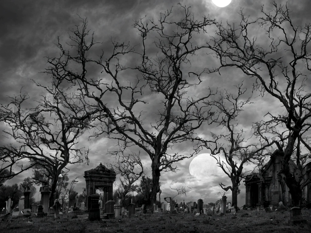 A serene, moonlit night with a bright full moon hanging high in the sky. In an old cemetery, some tombstones have toppled over, surrounded by tall, wild grass. A few large, withered trees stand in the background, their bare branches reaching out like skeletal arms. In the midst of this tranquil yet eerie setting, a soldier in old-fashioned military uniform stands solemnly, his expression stern and resolute. He seems to be guarding the sacred grounds or waiting for something. Adding a touch of ethereal beauty, a giant, transparent angel stands nearby, her wings partially unfurled. Bathed in moonlight, she glows with a divine radiance. The angel is playing a violin, and the hauntingly beautiful melody fills the air, blending with the gentle rustling of the grass and leaves. The scene captures a sense of mystery, timelessness, and the eternal guardianship of the fallen, Artist&#39;s depiction of a forgotten cemetery beneath the streets. Imagem realista, high resolution, 8k, 16:9