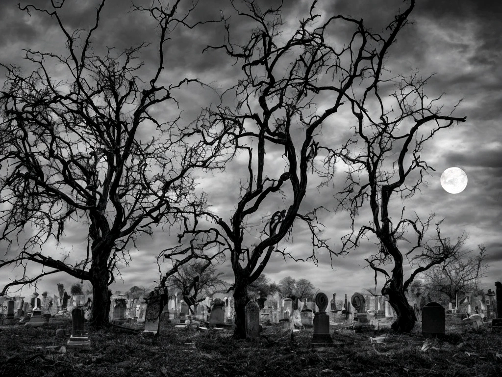 A serene, moonlit night with a bright full moon hanging high in the sky. In an old cemetery, some tombstones have toppled over, surrounded by tall, wild grass. A few large, withered trees stand in the background, their bare branches reaching out like skeletal arms. In the midst of this tranquil yet eerie setting, a soldier in old-fashioned military uniform stands solemnly, his expression stern and resolute. He seems to be guarding the sacred grounds or waiting for something. Adding a touch of ethereal beauty, a giant, transparent angel stands nearby, her wings partially unfurled. Bathed in moonlight, she glows with a divine radiance. The angel is playing a violin, and the hauntingly beautiful melody fills the air, blending with the gentle rustling of the grass and leaves. The scene captures a sense of mystery, timelessness, and the eternal guardianship of the fallen, Artist&#39;s depiction of a forgotten cemetery beneath the streets. Imagem realista, high resolution, 8k, 16:9