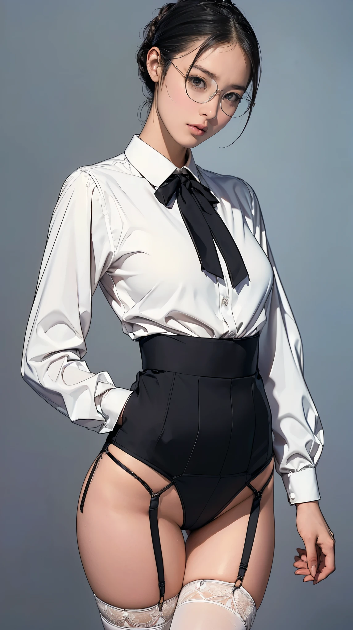 ((masterpiece)),(((highest quality))),((Reference Sheet, Character Design, front, return, ~ ~ side, Mr..々Hairstyle, Mr..々Performance, Facial Expressions)), 14-year-old girl, Cute type, (Very slim:1.4), (Very small ass:1.4), Realistic buttocks, Big Breasts, Short Bob, Thin thighs, Long legs, It's not a big deal, ((female secretary,,White blouse,Black sexy panties,garter belt,Garter Stockings,Rim Glasses,Hair-Up Styles,beautiful, Well-proportioned face,Big Breasts,Slim and toned waist,beautiful leg lines)), ((Browsing Caution:1.0))