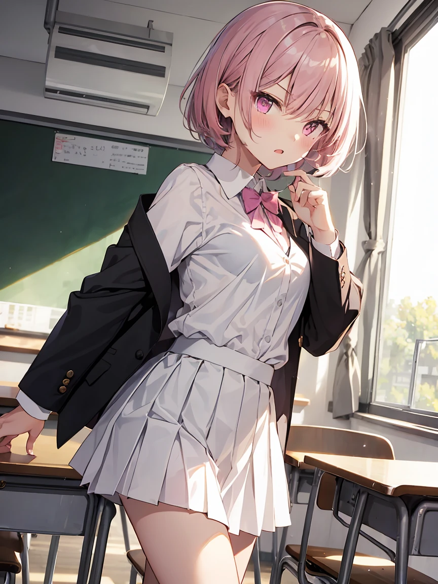 masterpiece, best quality, ultra-detailed, 1girl, pink hair, short hair, ((blunt bangs)), flipped hair, (jitome), white business shirt, dark gray pleated skirt, 黒のニーハイソックス}, blue eyes, 中くらいの胸、スリム、カウボーイショット 、from behind, from below, hip focus