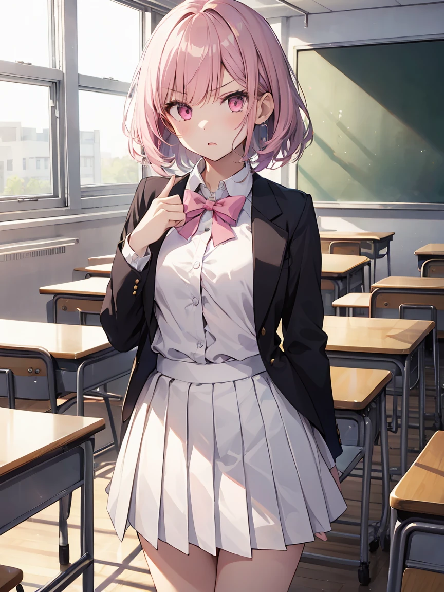 In one girl、fun、High school blazer with popular design、white shirt、pleated skirt、white skirt、（small breasts ) in classroom, pink short hair, pink eyes, angry , white skirt, de pie, white skirt, standing