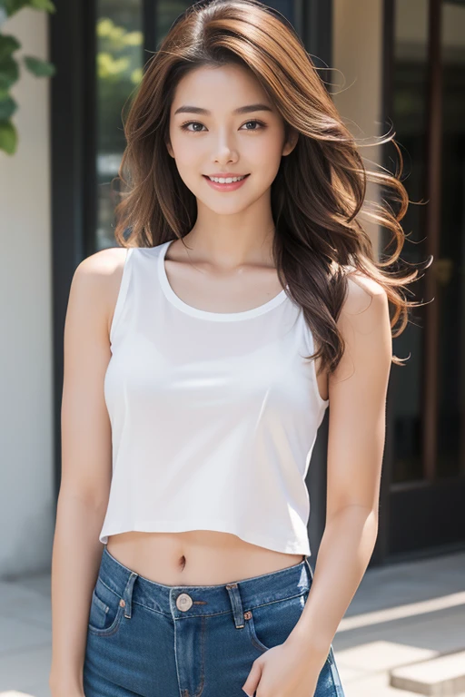 highest quality、4K、Perfect Face、Perfect Style、perfect body、Sunburn、beautiful lady、mature、long curly layer brown hair、Swept-back hair、full body, sexy 、charming、healthy、beautiful abs、sleeveless shirt、jeans、smile