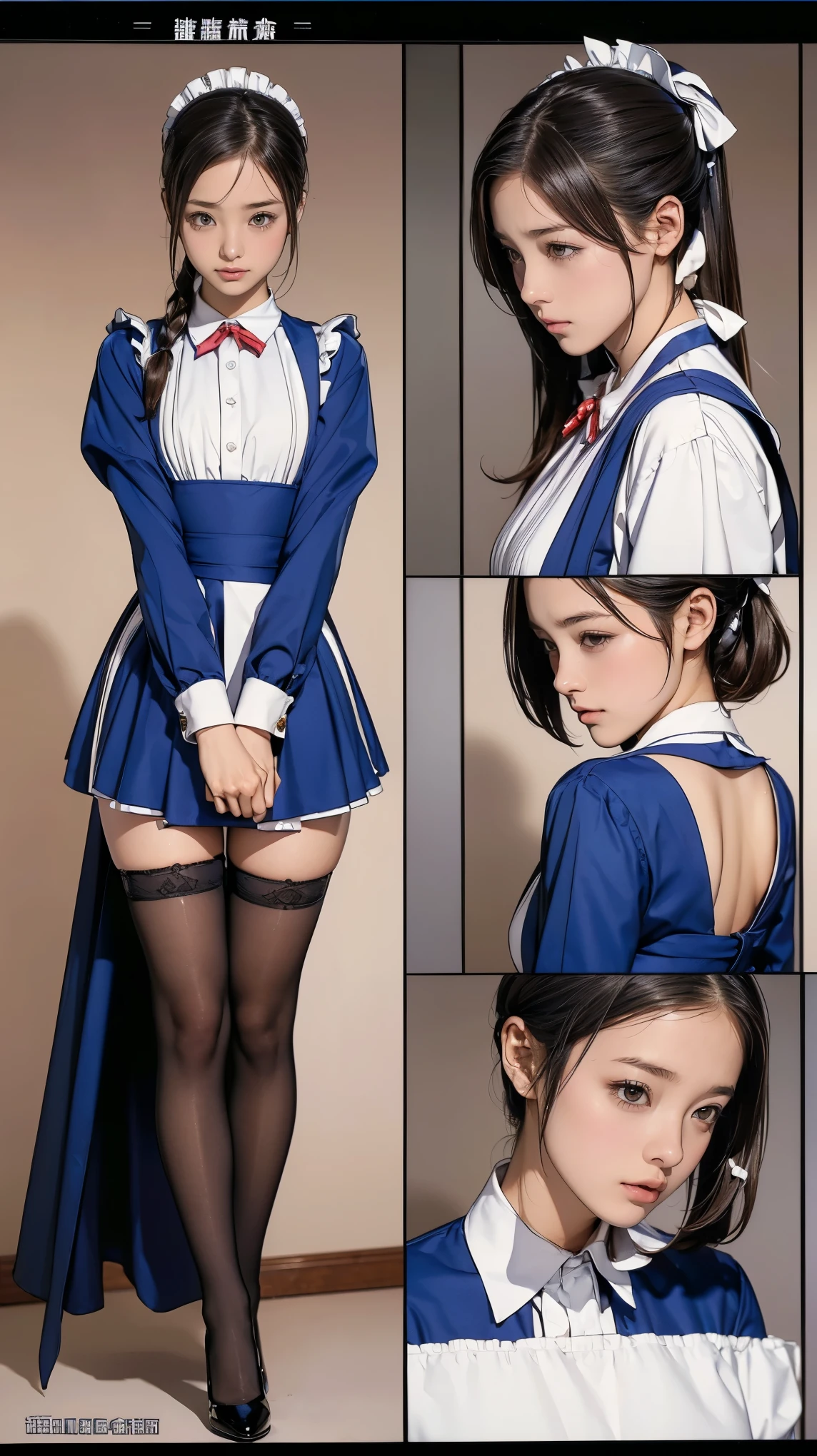 ((masterpiece)),(((highest quality))),((Reference Sheet, Character Design, front, return, ~ ~ side, Mr..々Hairstyle, Mr..々Performance, Facial Expressions)), 14-year-old girl, Cute type, (Very slim:1.4), (Very small ass:1.4), Realistic buttocks, Medium milk,Short brown hair with side waves,Thin thighs, Long legs, It's not a big deal, ((Dress and stockings, Gorgeous maid, Maid clothes,Hair Ribbon)), ((Browsing Caution:1.0))