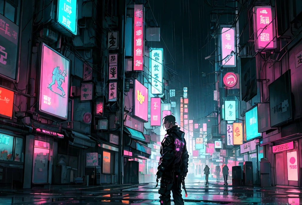 cyberpunk,boy facing the city,raining,building,neon signboard