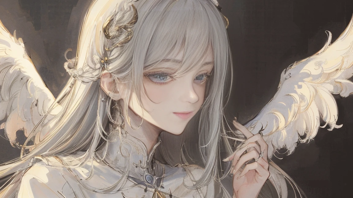 masterpiece: 1.7, highest quality、(Highly detailed CG、Super detailed、Best Shadow:1.1)、alone、Upper Body、Picturesque、sketch、Paper Texture、超A high resolution、Highly detailed face、Flat Color、Highly detailed face、Realistic、Limited edition palette、Low contrast、Angel、Angel、Messenger of God、Mature Woman、Best lighting、Beautiful woman、Gray Hair、Smile a little、Blanche:1.6、(Zentangle、Mandala、Tangle、Intertwined:1)