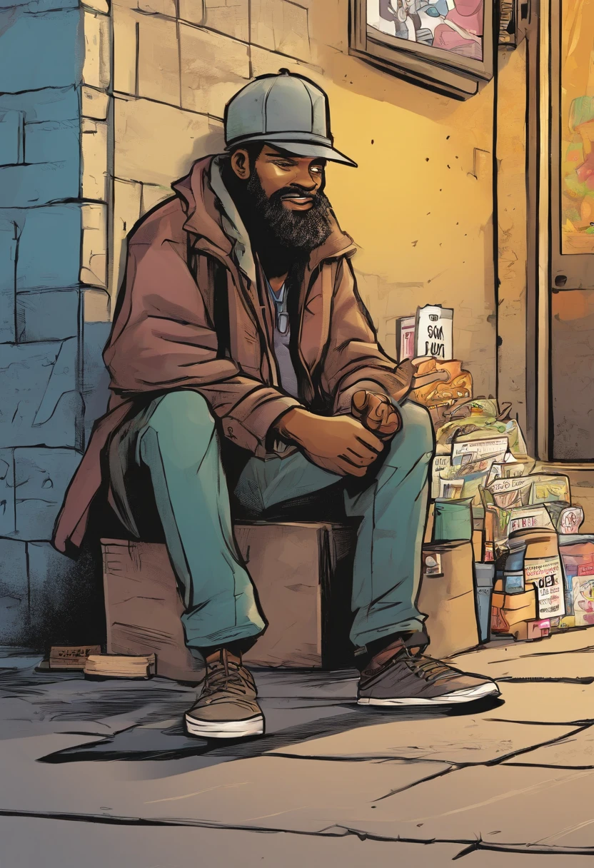 A homeless man sitting on the ground asking for money for a person on the street to buy a stick