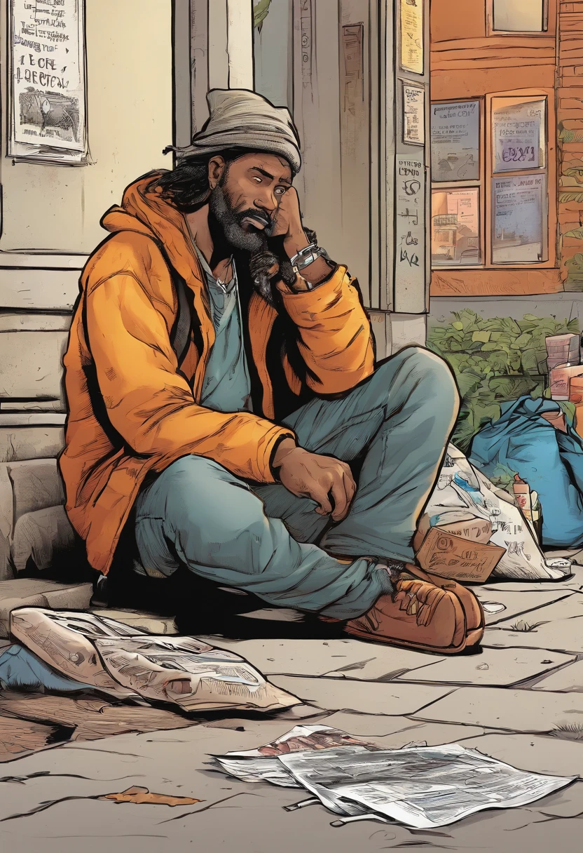 A homeless man sitting on the ground asking for money for a person on the street to buy a stick