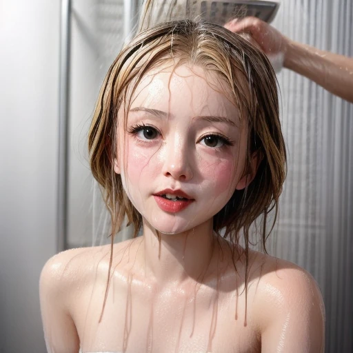 commercial Photo, face closeup, BananaFace, Banana in face, Banana awe, (White LiquidSoap dropped face and hair), facial, ahegao, Shampoo, Bubbles, ((Extremely detailed beautiful blush face and eyes)), Radiant FineSkin . BREAK Marilyn Monroe, (ShowerWater:1.6), (Shower-Head:-1.2), wet hair, wet face, wet body, well-proportioned