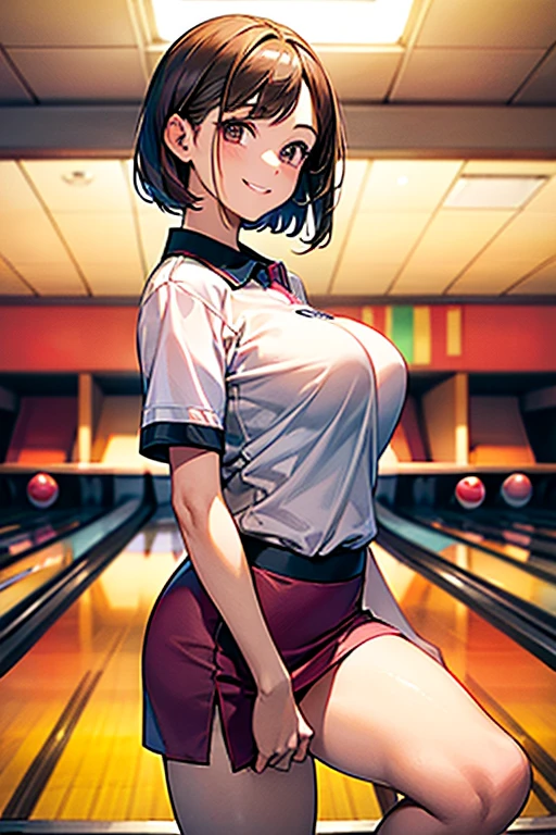 (masterpiece、highest quality、High resolution、Realistic depiction)
Brown Bob Hair Girl Professional Bowler、Bowling alley、 Bowling Uniform Polo Shirt(pink)、Short skirt(black)、training shoes、Big Breasts、smile、
Bowling ball(House Ball)in hand、Pose while throwing(Side view)