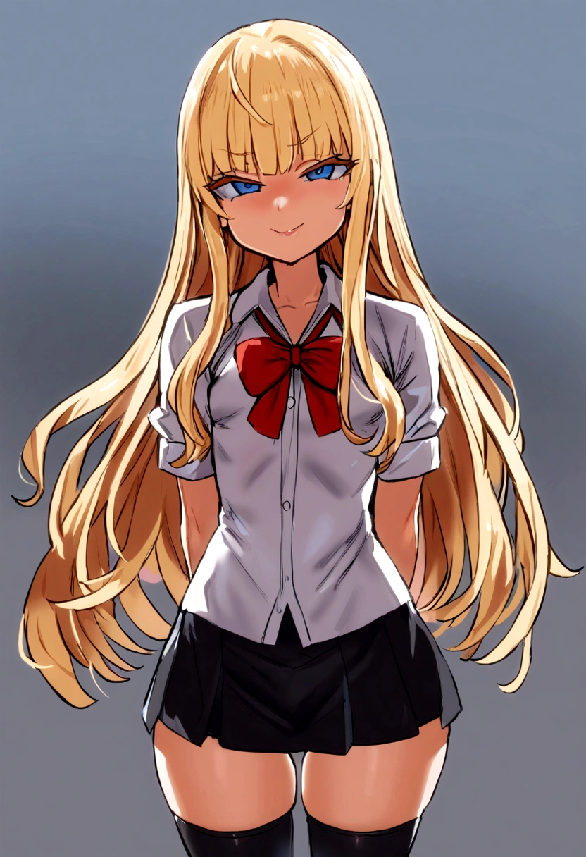 masterpiece, best quality, 1girl, solo, bangs, long hair, twin tails, blonde hair, blue eyes, smug, small breasts, white blouse, short sleeves, red bow, black skirt thigh-highs, , looking dawn at viewer, panty shot