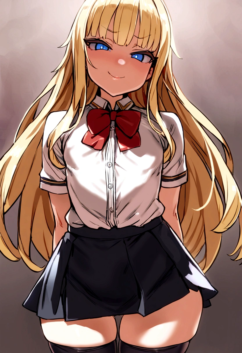 masterpiece, best quality, 1girl, solo, bangs, long hair, blonde hair, blue eyes, smug, smile, small breasts, white blouse, short sleeves, red bow, black skirt thigh-highs, , looking dawn at viewer, panty shot, cowboyshot