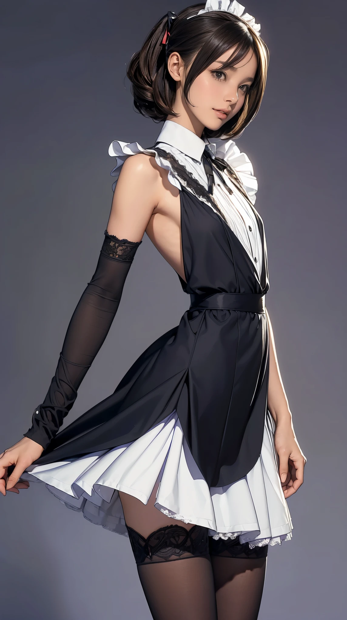 ((masterpiece)),(((highest quality))),((Reference Sheet, Character Design, front, return, ~ ~ side, Mr..々Hairstyle, Mr..々Performance, Facial Expressions)), 14-year-old girl, Cute type, The best smile:1.5,(Very slim:1.4), (Very small ass:1.4), Realistic buttocks, Medium chest,Short brown hair with side waves,Short Bob, Thin thighs, Long legs, It's not a big deal, ((Dress and stockings, Gorgeous maid, Maid clothes,Hair Ribbon)), ((Browsing Caution:1.0))