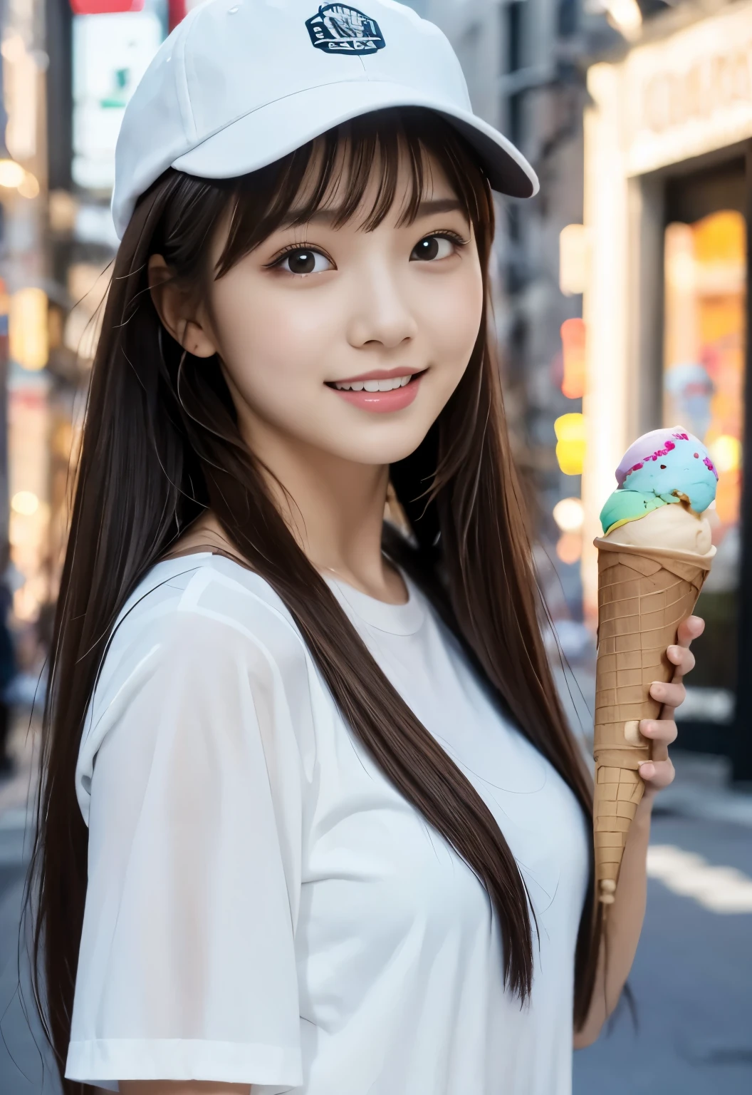 (masterpiece, best quality:1.1), (8k, raw photo, photo realistic:1.2, f22), (shiny skin), , (ice cream:1.4),detailed skin,long hair,ribbon,detailed face, detailed eyes,smile,BREAK, real world, intricate details, smil, BREAK, 1girl, full body,(shortsleeve,cap),BREAK