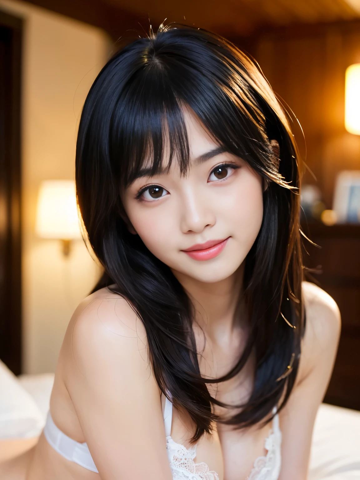 (Best-quality, Masterpiece, Ultra-High-Resolution, (Photorealistic:1.4), Raw Photo, depth of field, professional lighting, perfect anatomy, extremely details), 1girl, the most famous Japanese idol, in bedroom, looking at viewer, innocent smile, wearing lacy-underwear with cute-design, (extremely cute face like the most popular Japanese idol, (extremely cute and extremely realistic big-black-eyes), extremely cute black-hair), extremely cute long-eyelashes, extremely cute lips, (((extremely beautiful and extremely realistic skins)))