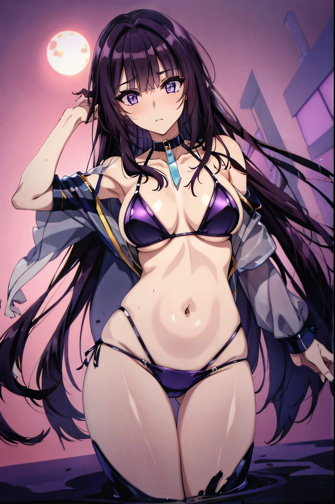 purple hair,,long hairpurple eyes,bikini,disgust,looking disgusted, abhore,on the beach
