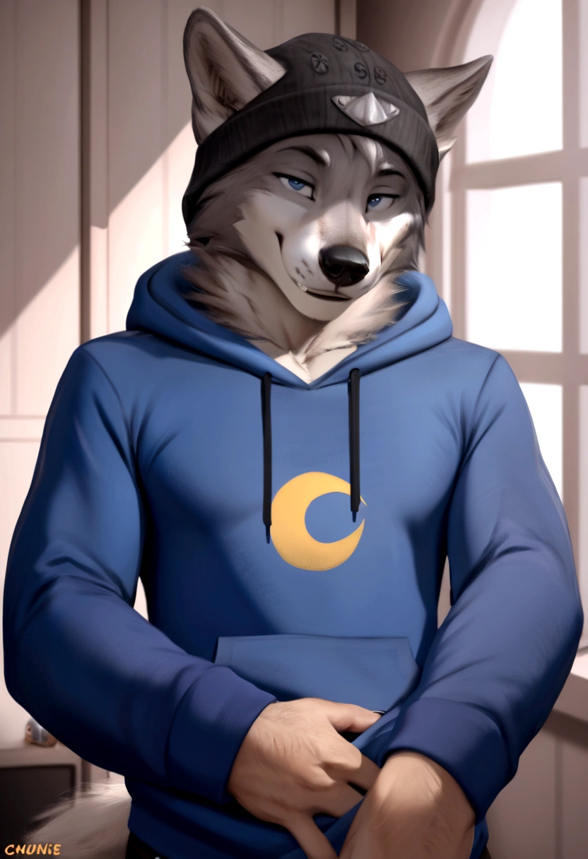 4k, high resolution, best quality, perfect colors, perfect shadows, perfect lighting, posted on e621, furry body, solo, medium full shot, anthro gray wolf, gray and white fur, sleep deprived, irritated eyes, wearing a t shirt with a death metal band logo, wearing a black open zipped down hoodie with the hood down, (anatomically correct wolf tail, detailed fingers, male, (middle-aged, mature:1.2), (skinny, average body), correct anatomy, (photorealistic fur, detailed fur, epic, masterpiece:1.2), (big modern background), (by Taran Fiddler, by Chunie, by Rukis, Bonifasko lighting), (standing), detailed blue eyes, smiling half-heartedly at the viewer, the hoodie is zipped down and showing the t shirt, the hood on the hoodie is down, t shirt is visible, head is fully visible, wearing a black beanie, he is not wearing the hood, the shirt can be seen under the hoodie