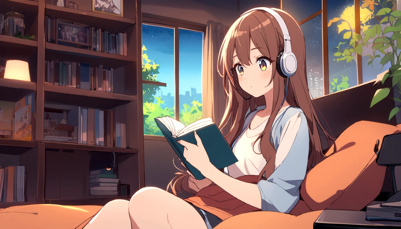 Masterpiece, top quality, movie stills, one girl, warm soft lighting, night, reading a book seriously while listening to music on headphones on bed in room, late night, girl with long hair, large eyes