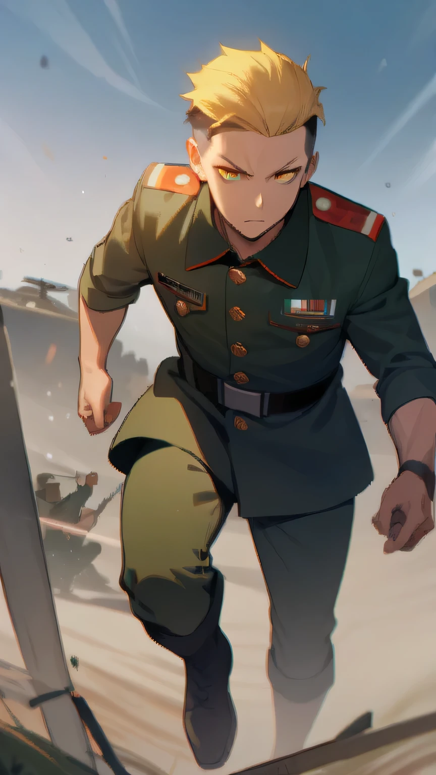 1man, yellow hair, undercut hairstyle, yellow eyes, wearing russian army commander outfit at battlefield, full body, masterpiece, best quality,
