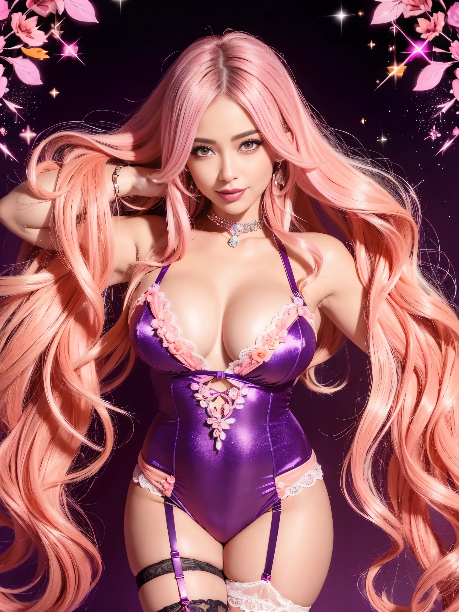 ultra realistic girl, lip-gloss, lipstick, defined eyebrows, ultra detailed metallic eye-makeup, happy smile, sparkling orange and pink ombre diamond jewelry, orange and pink ombre flowers background, portrait, halloween, goth, gyaru, very long purple flowing hair, garter belt, ultra detailed cute lack lace underwear, sweet and y, seductive pose