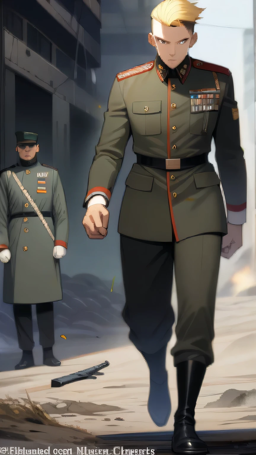 1man, yellow hair, undercut hairstyle, yellow eyes, wearing russian army commander outfit at battlefield, full body, masterpiece, best quality,