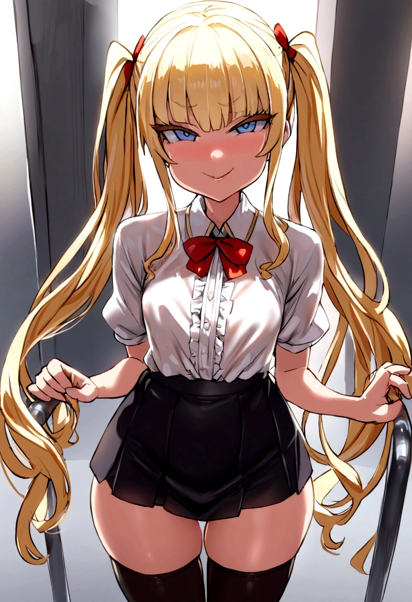 masterpiece, best quality, 1girl, solo, bangs, long hair, twin tails, blonde hair, blue eyes, smug, smile, small breasts, white blouse, short sleeves, red bow, black skirt thigh-highs, , looking dawn at viewer, panty shot full body