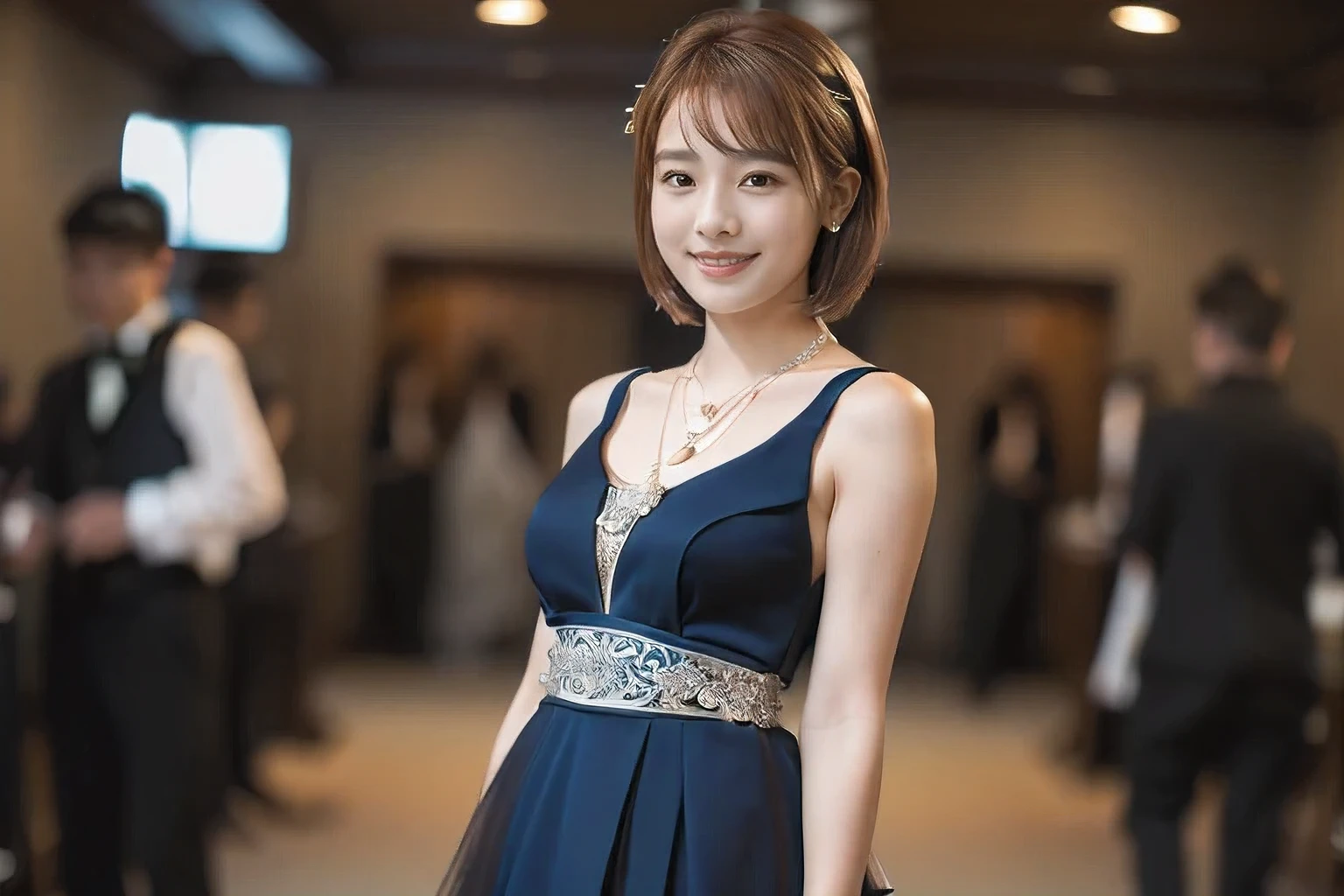 (An 18-year-old woman at a party:1.5)、(Gentle smile:1.2)、(The best quality at its best:1.4), (Super detailed), (Very detailed CG unified 16k), Beautiful woman with perfect figure: 1.4, Sharp focus: 1.2, Very detailed, High-quality RAW color photos, Professional photography, Great face and eyes, cosmetics, (Amazingly beautiful girl), ((Formal party dress:1.5)), Sexy posture，(View from below), Realistic movie faces, Full body long view from head to toe, Realistic, ((Realistic natural orange red hairstyle)), ( Short Bob Hair:1.5), (necklace:1.5)、, Very beautiful face, Perfect model beauty, Mouth swelling, Highly detailed face and skin texture, Fine grain, double eyelid, Medium chest, smile, (masterpiece), highest quality, High resolution, Very detailed, Blurred Background, Depth of written boundary, Cinema Lighting, Great legs, , Clear, well-maintained skin,((Full body shot from head to toe:1.5))