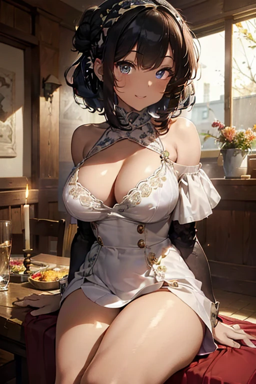 (((Masterpiece))),(((Super Detail))),(((in 8K))),(((best composition))),(((Rim lighting,Fireglow effect,deep shadow))),solo),Beautiful fingers,Detailed finger features,(Detailed hair features:1.7),(Dynamic and sexy bending pose:1.3),detailed facial features,detailed clothes features, (perky chest:1.1), (pointed chest:1.3), delicate beautiful face, Bright blue eyes, cute eyes, sparkling eyes, Big eyes, beautiful detailed eyes,double bun with glittering hair ornament:0.6,(super detailed glossy skin:1.3),slender body,goddess smile,((with sparkling eyes and a contagious smile)),beautiful posture,have a cup of coffee,black hair, red eyes, dress, bare shoulders, jewelry, collarbone, sidelocks, hairband, earrings, indoors, off shoulder, sweater, arms behind back, plant, short hair with long locks, white hairband, off-shoulder dress, sweater dress, off-shoulder sweater, red sweater, big side hair, very long side hair,(super delicate floral pattern:1.2),seductive cleavage:1.3,beautiful glossy legs,shiny red high heels,lifting dishes with cakesd,french restaurant,hustle and bustle,rising steam,(((depth of fields)))