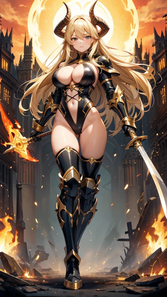 Blonde beauty with huge muscular head and long horns,Six-pack,cleavage,Black high cut swimsuit,Scapula,Hand guard,Bare Legs,iron boots,Great sword,flame,palace