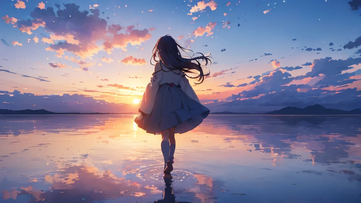 ((Uyuni salt lake、四方八方に広がる青い空とsummerの雲を反映しています. A girl walks in the middle of it, Surrounded by the blue of the sky and the white of the clouds, Create stunningly beautiful scenes.)), he (sunset:1.3),((Anime girl walking on water)), (((that&#39;s so big you can see the view)),(Perfect Anatomy:1.2),((Perfect hands:1.2)), (highest quality:1.1), ((One Girl)), From above、Dutch Angle、Very wide shot、(((toru asakura:1.37, alone))), (((barefoot))), ))), (((Snow-white summer dresses))),　(((Shortcuts))),　(((Blue Hair、Earrings、Gradient Hair、Multi-coloured hair、Parted bangs、Purple Hair、A white summer dress with lots of embroidered lace, Sleeveless))), (Beautiful Face, Cute Face, Detailed face), (((Beautiful green eye detail))),nfsw,((masterpiece)), highest quality, Anime Art Wallpapers 8K, ripple, Dawn Background, ((Consciousness upward, Concept Art, And soul, Key Visual)),Sparkling eyes, Happy, Reaching out ,hand in front,Floating Hair, Shiny Hair,Outdoor, Wind,Sparkling eyes, Sexy Body, nfsw,((masterpiece)), highest quality, Anime Art Wallpapers 8K,summer、新海誠のConcept Art、tumbler、magical realism、Beautiful Animeシーン、Beautiful sky。by shinkai makoto、((by shinkai makoto))、Anime Background Art、Anime Background、Makoto Shinkai&#39;style、Anime movie background、Galaxy Express、(((Vast views))),Highly detailed CG synthesis 8k wallpaper, Very beautiful 8K CG wallpaper, アニメ萌えアートstyle, Cute girl anime visuals, アニメWindのポートレート, アニメWindに, Beautiful Anime, 8Kアニメアートstyle, アニメWind、Detailed 8K animation, (masterpiece, highest quality), High resolution, Very detailed, Ultra Sharp, Cinema Lighting, High resolution, 超High resolution,　8k、Glowing Eyes,　Auspicious々lips, blue sky、Transparency、Open your arms, Are standing , Raise one leg, Back view, Show Viewer