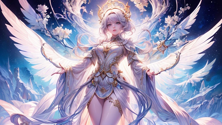 (highest quality,8k,CG,Beautiful details upper body,,Thumb Girl,Translucent coat dress,Complex facial features,length,Flowing hair,Almond-shaped eyes,Exquisite eye makeup,length (highest quality,8k,CG,Beautiful details upper body,,Thumb Girl,Translucent coat dress,Complex facial features,length,Flowing hair,Almond-shaped eyes,Exquisite eye makeup,length fluttering eyelashes,Blinking big eyes,Starry Sky,Exquisite lip detail,Soft and harmonious style)(Top quality), (Super detail), (Hi-res) (Top quality), (Super detail), (Hi-res) cute gold angel girl, gold hair, light pink eyes, full body tantra tatto, white metallic y Goddess See-through costume, psychedelic healing meditation, Fantasy, beautiful concept art, wirling Elemental,, quality, UHD, from below, stained glass