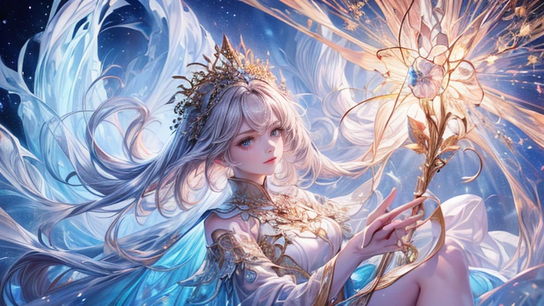 (highest quality,8k,CG,Beautiful details upper body,,Thumb Girl,Translucent coat dress,Complex facial features,length,Flowing hair,Almond-shaped eyes,Exquisite eye makeup,length (highest quality,8k,CG,Beautiful details upper body,,Thumb Girl,Translucent coat dress,Complex facial features,length,Flowing hair,Almond-shaped eyes,Exquisite eye makeup,length fluttering eyelashes,Blinking big eyes,Starry Sky,Exquisite lip detail,Soft and harmonious style)(Top quality), (Super detail), (Hi-res) (Top quality), (Super detail), (Hi-res) cute gold angel girl, gold hair, light pink eyes, full body tantra tatto, white metallic sexy Goddess See-through costume, psychedelic healing meditation, Fantasy, beautiful concept art, wirling Elemental,, quality, UHD, from below, stained glass