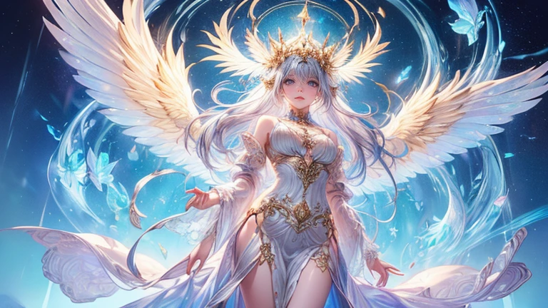 (highest quality,8k,CG,Beautiful details upper body,,Thumb Girl,Translucent coat dress,Complex facial features,length,Flowing hair,Almond-shaped eyes,Exquisite eye makeup,length (highest quality,8k,CG,Beautiful details upper body,,Thumb Girl,Translucent coat dress,Complex facial features,length,Flowing hair,Almond-shaped eyes,Exquisite eye makeup,length fluttering eyelashes,Blinking big eyes,Starry Sky,Exquisite lip detail,Soft and harmonious style)(Top quality), (Super detail), (Hi-res) (Top quality), (Super detail), (Hi-res) cute gold angel girl, gold hair, light pink eyes, full body tantra tatto, white metallic sexy Goddess See-through costume, psychedelic healing meditation, Fantasy, beautiful concept art, wirling Elemental,, quality, UHD, from below, stained glass