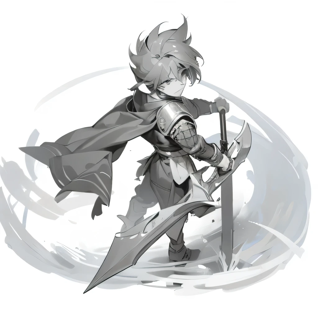 Black and white comics，A male medieval warrior with his back to the camera，Black and white composition，Horizontal viewing angle，Q version characters