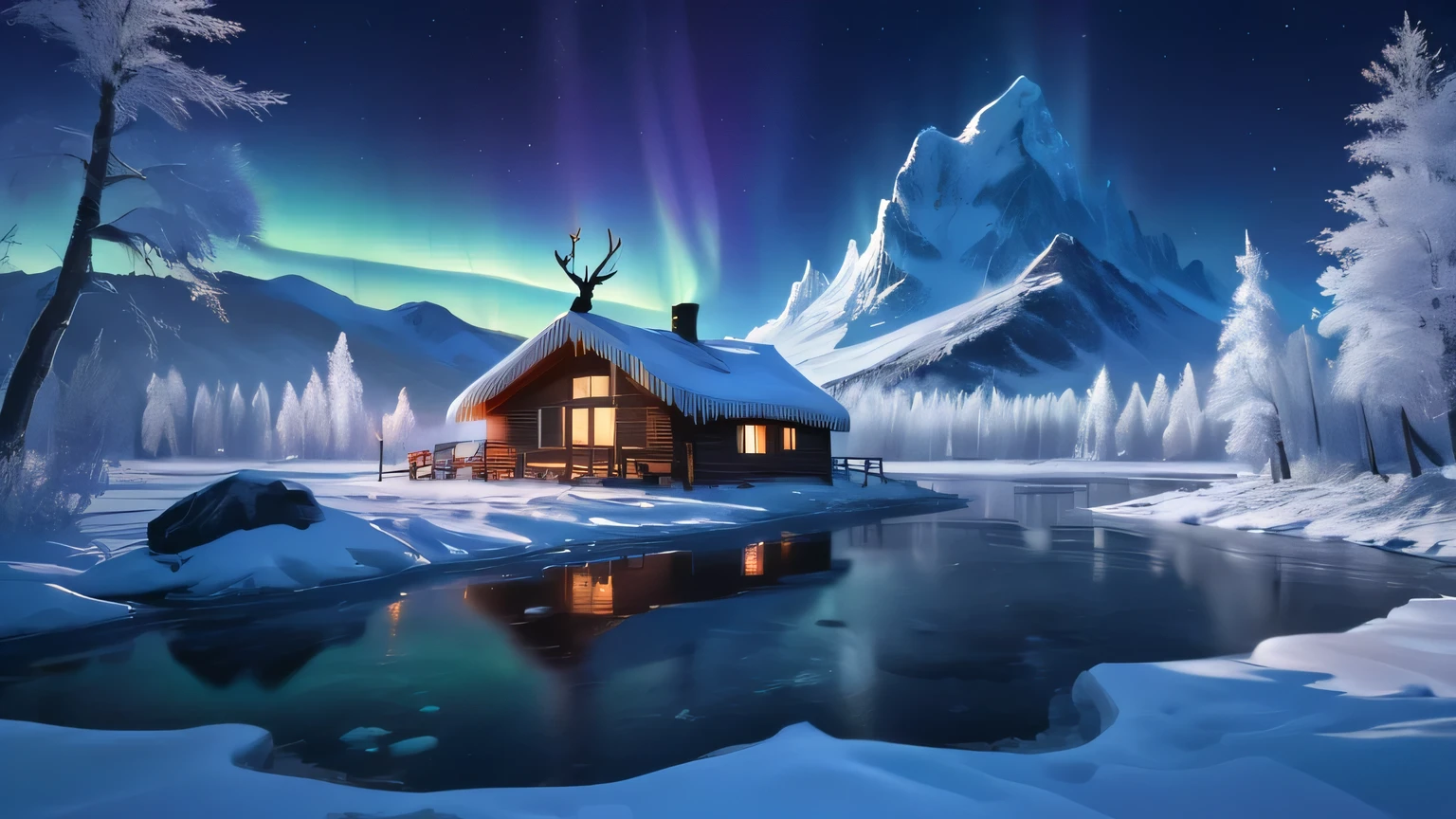 starry night, (Frost)，Northern Lights, Towering snow-capped mountains, bonfire，Small house in the winter forest，Frozen branches covered with white frost。reindeer,pedestrian,sled,Winter Wonderland,Vibrant colors, Subtle blue，Frost，Stunning scenery, Ice Cliff, Frozen Lake, peaceful, Magnificent, Ethereal Glow, A miracle of nature, Peaceful solitude, Celestial Wonders, Broad, natural phenomenon, Christmas Eve, Quiet Reflection, Sparkling stars, Mysterious charm （Best quality，4k，8K，high-rise building，masterpiece：1.2），Extremely detailed，（realistically，The photos are real，Photo-realistic：1.37），HDR，Ultra HD，Studio lights up，Description of Extremely detailed，Physically based rendering，professional，Bright colors。