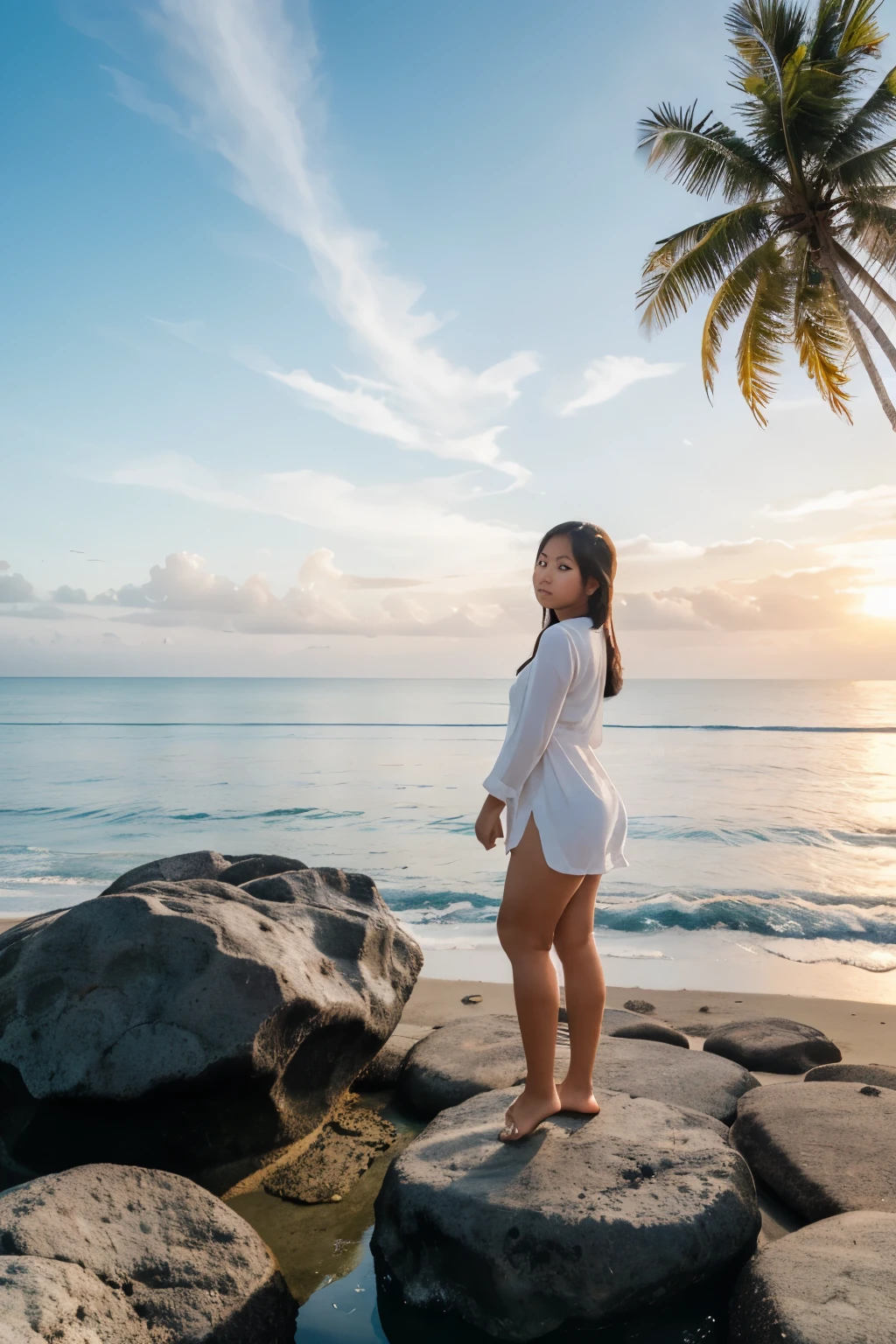 Photo of a natural view of the beach with a clean blue sky, white clouds in the morning sunrise, reflected on a beautiful chubby Indonesian girl artist wearing minimal black clothes, happy jewelry enjoying black coffee and the beauty of nature from the top of a rock. background of coconut trees on the beach, high quality photo, very detailed and contrasting.