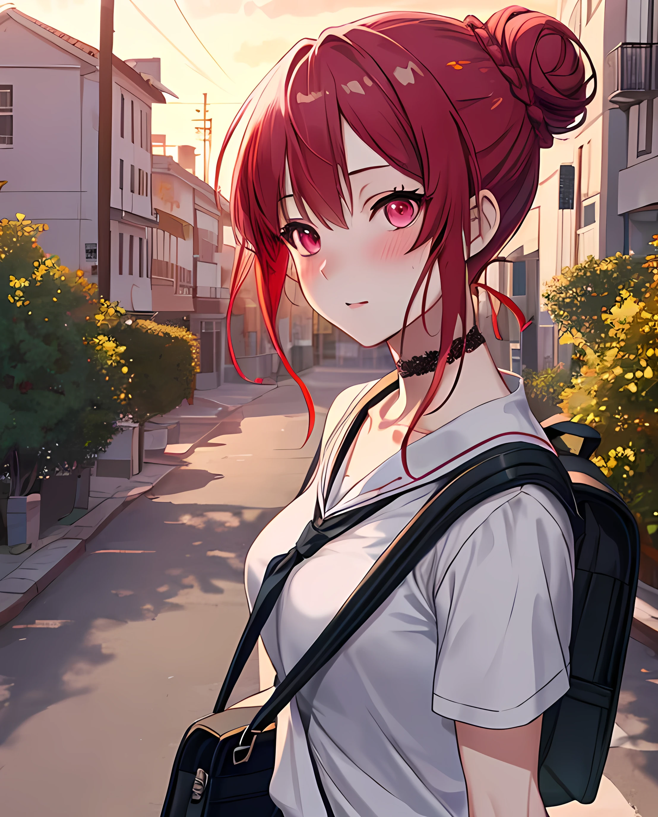 beautiful young woman, anime style, detailed face, red hair, hair in a bun, hair with black ribbons, large eyes, pink eyes, delicate features, soft lighting, blush, wearing a choker, wearing a , with black lace top, carrying a school bag, walking home from school, sunset lighting, street, trees, detailed background, masterpiece, highly detailed, 8k resolution, realistic texture skin, cinematic lighting, best quality, hyper realistic, extremely detailed CG unit