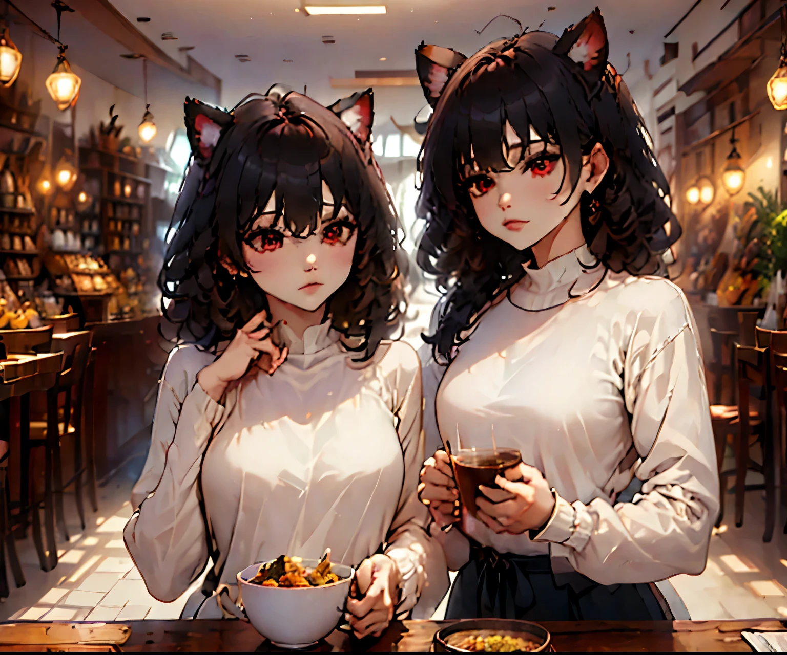 HD, 4k, una pareja (neocruz cabello largo color negro con ojos cafe y junkotvv cabello largo negro orejas de gato y ojos rojos) disfrutando la comida en un restaurante lujoso mientras ven hacia al frente