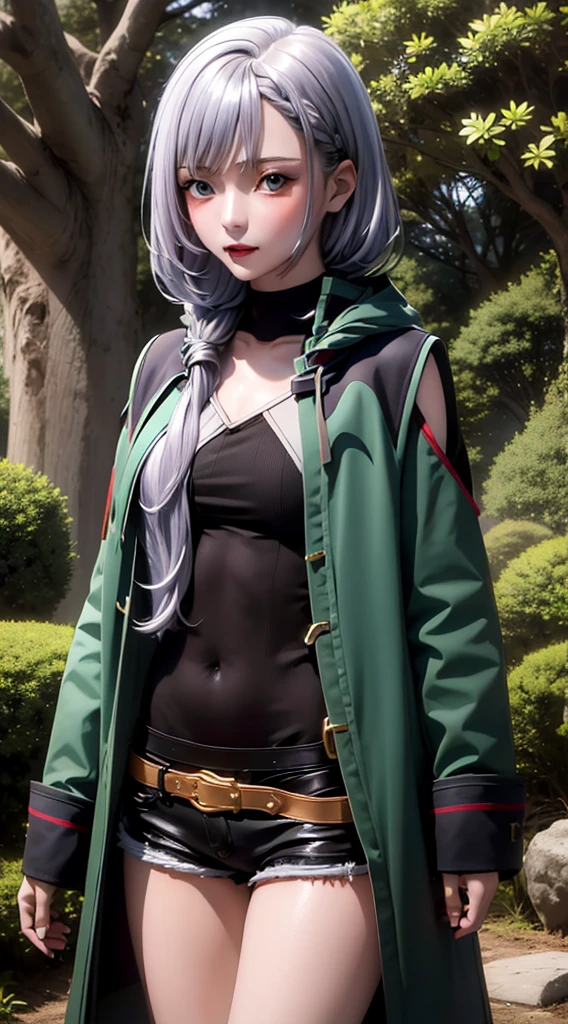 luna jacket, black shorts, thighhigh, silver hair, loose braid, beautiful face, forest background, (masterpiece:1.2), best quality, absurdres, extremely detailed wallpaper, perfect lighting, sunlight,