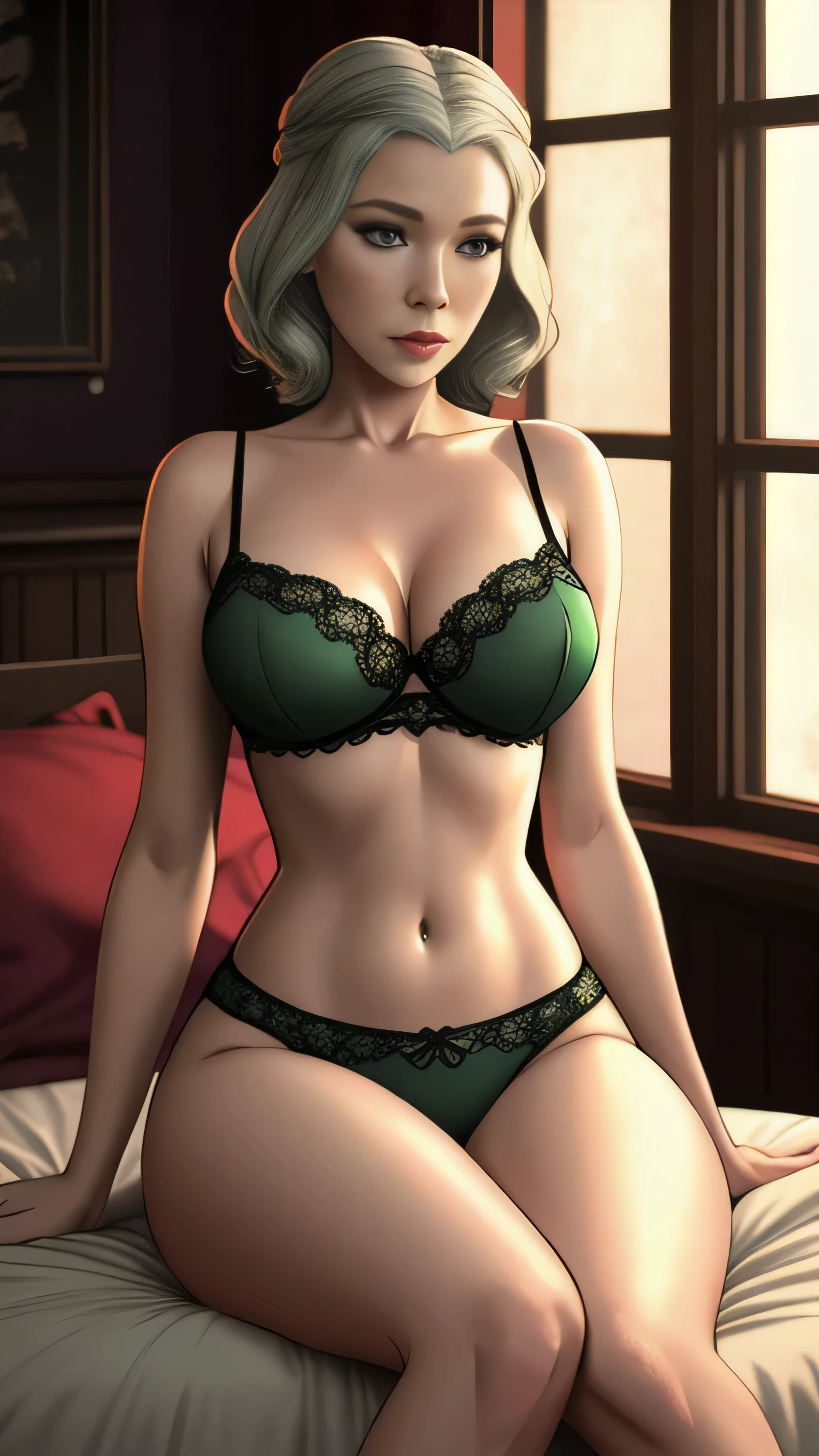 (Diana Rigg) as Olenna Tyrell, rich old lady, luxury green nightie, lingerie, navel, sitting, on a bed, Game of Thrones, (1woman), (solo), (full body view), beautiful detailed glow, detailed, cinematic light, intricate detail, realistic, highres, detailed facial features, high detail, sharp focus, smooth, aesthetic, extremely detailed, stamp, octane render