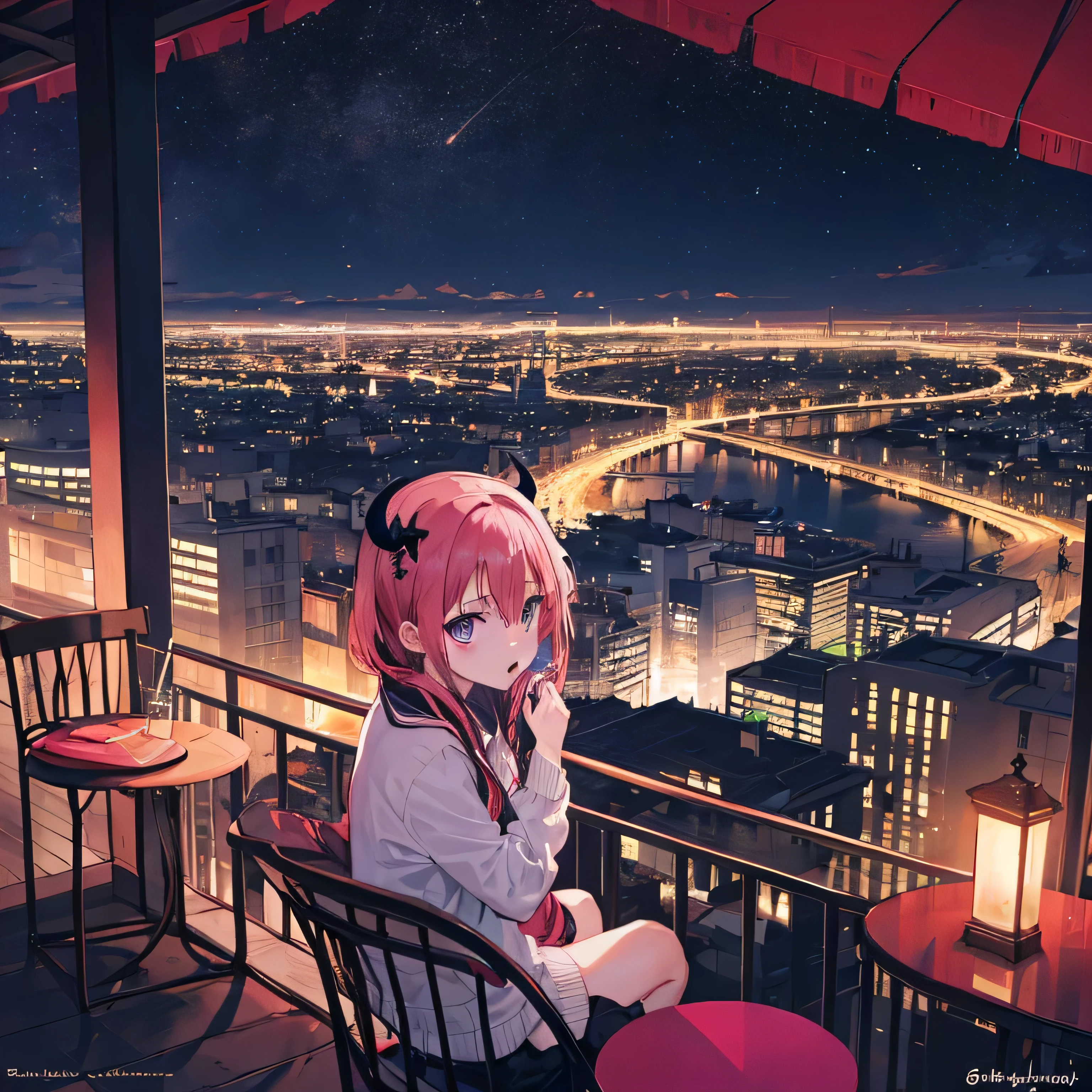 (Satanichia mcdowell sentada en una terraza contemplando la ciudad en la noche en su departamento

ojos magenta
