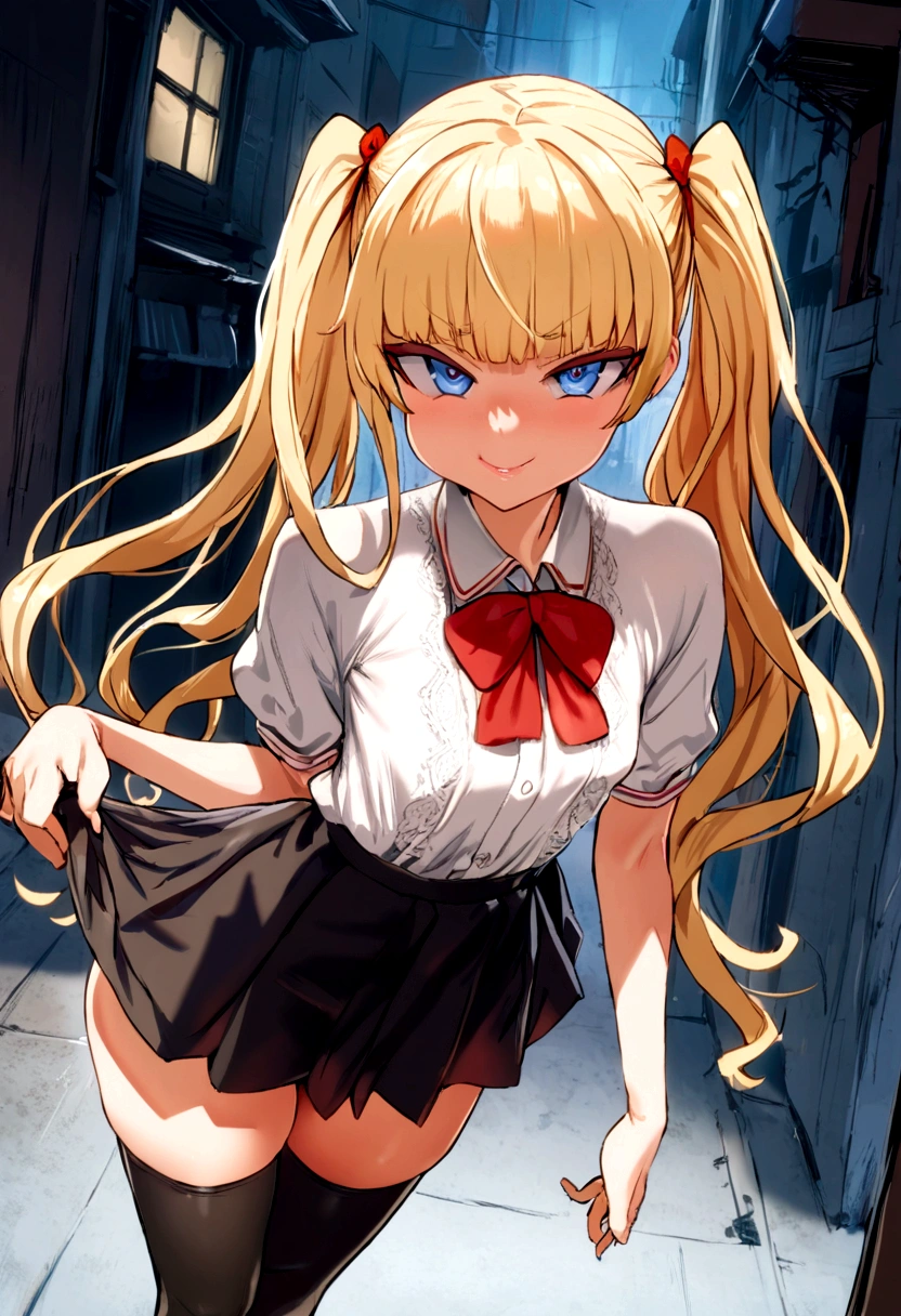 masterpiece, best quality, 1girl, solo, bangs, long hair, twin tails, blonde hair, blue eyes, smug, smile, small breasts, white blouse, short sleeves, red bow, black skirt thigh-highs, , looking dawn at viewer, panty shot