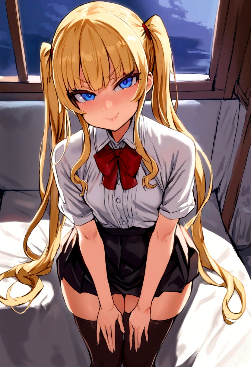 masterpiece, best quality, 1girl, solo, bangs, long hair, twin tails, blonde hair, blue eyes, smug, smile, small breasts, white blouse, short sleeves, red bow, black skirt thigh-highs, , looking dawn at viewer, panty shot