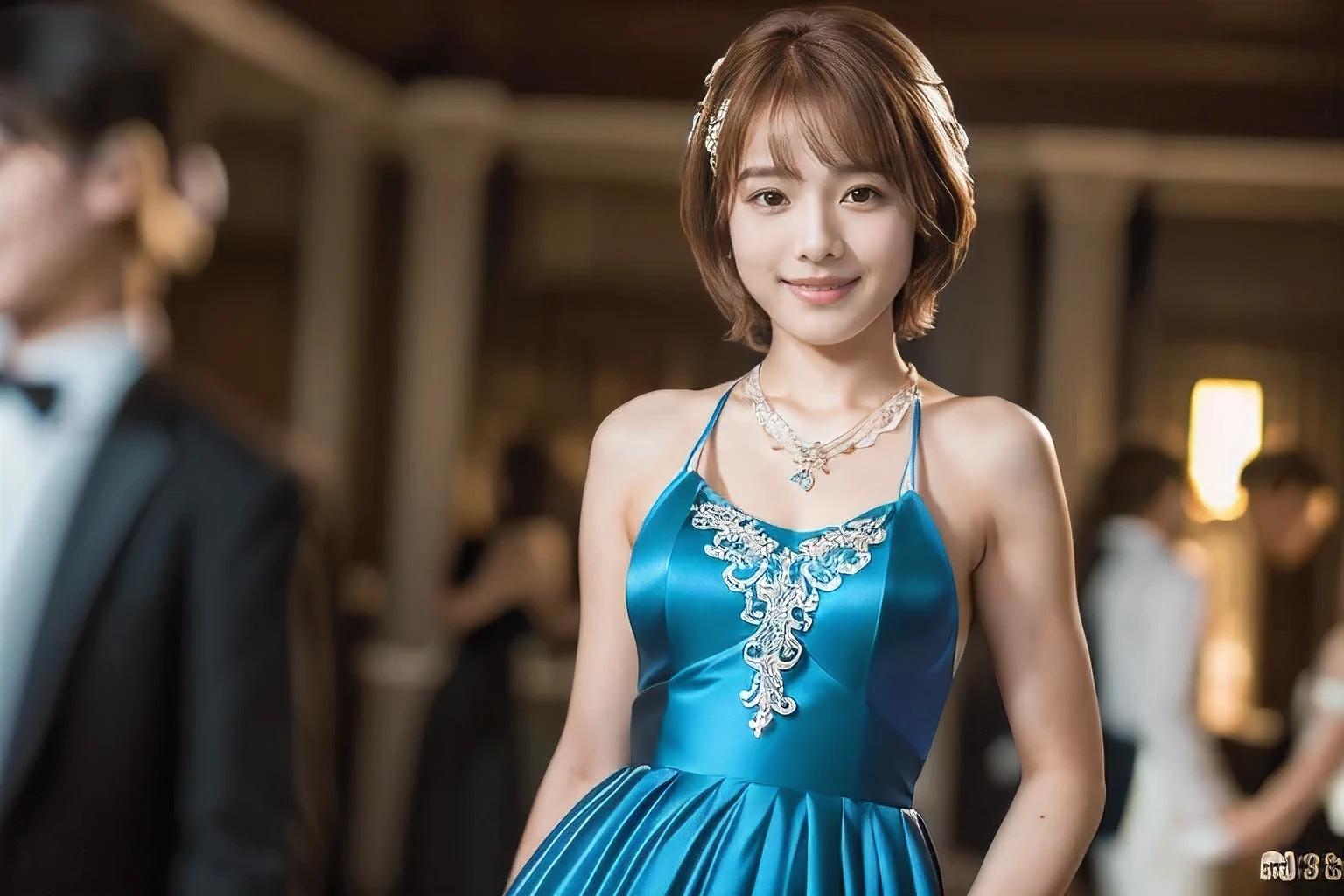 (An 18-year-old woman at a party:1.5)、(Gentle smile:1.2)、(The best quality at its best:1.4), (Super detailed), (Very detailed CG unified 16k), Beautiful woman with perfect figure: 1.4, Sharp focus: 1.2, Very detailed, High-quality RAW color photos, Professional photography, Great face and eyes, cosmetics, (Amazingly beautiful girl), ((Formal party dress:1.5)), Sexy posture,(View from below), Realistic movie faces, Full body long view from head to toe, Realistic, ((Realistic natural orange red hairstyle)), ( Short Bob Hair:1.5), (necklace:1.5)、, Very beautiful face, Perfect model beauty, Mouth swelling, Highly detailed face and skin texture, Fine grain, double eyelid, Medium chest, smile, (masterpiece), highest quality, High resolution, Very detailed, Blurred Background, Depth of written boundary, Cinema Lighting, Great legs, , Clear, well-maintained skin,((Full body shot from head to toe:1.5))